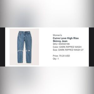 Abercrombie Curve Love High Rise Skinny Jean - dark ripped wash - 27 regular